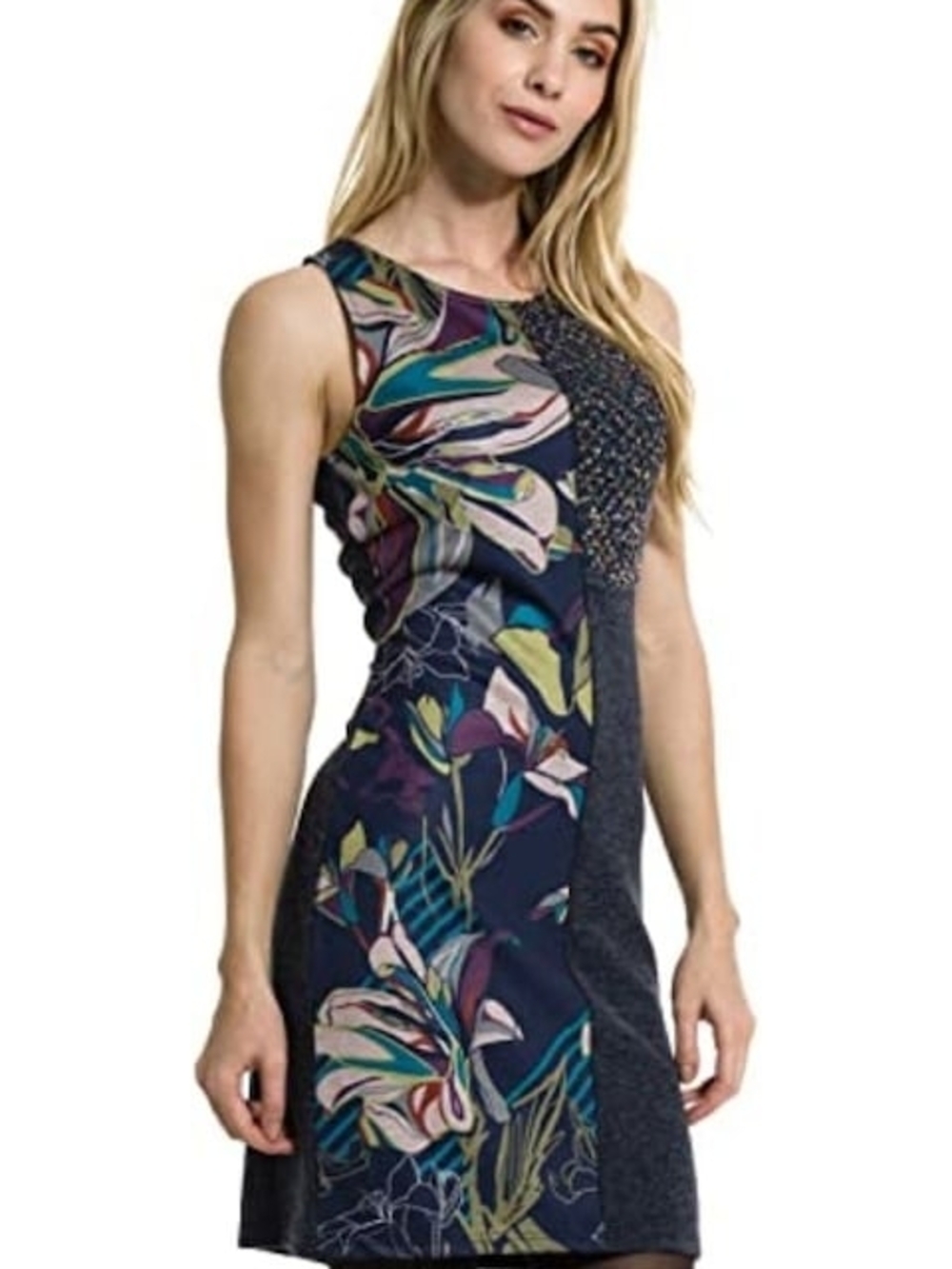 Sleeveless Navy Floral Panel Midi Dress Textured Knit Women Large